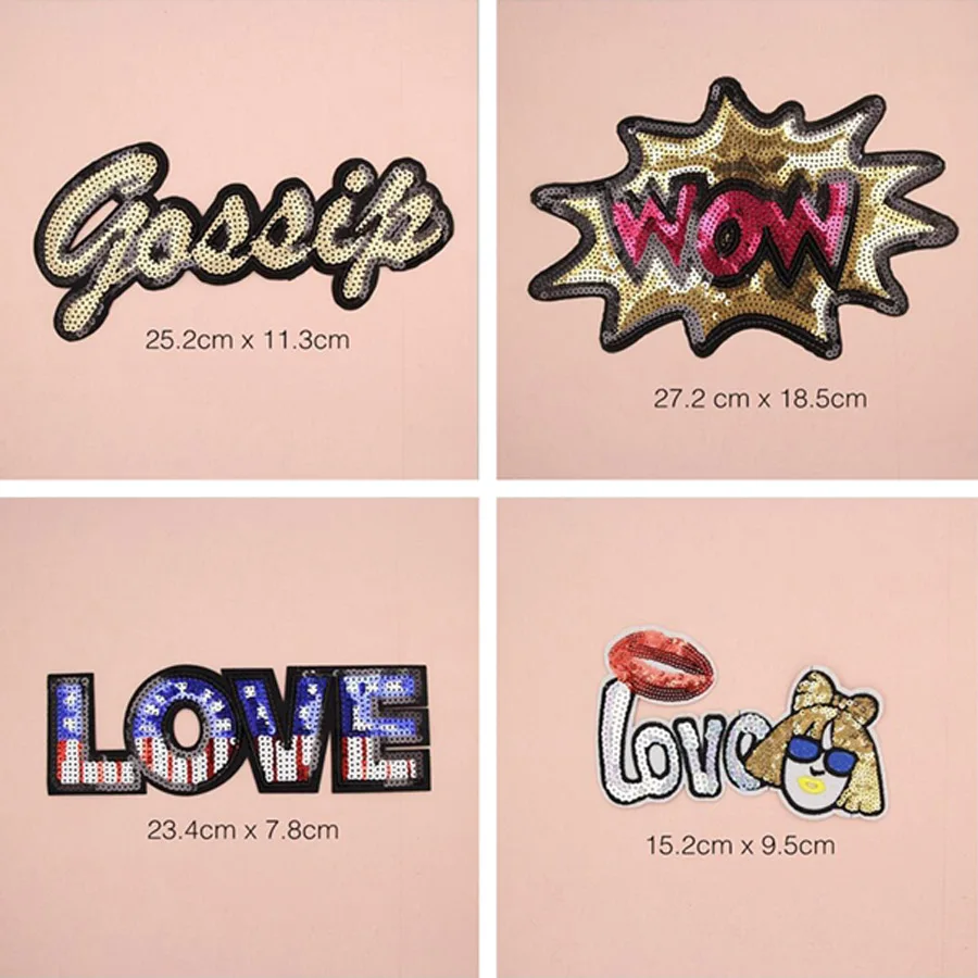 

WOW LOVE Letter Sequins Patches Cap Shoe Iron On Embroidered Appliques DIY Apparel Accessories Patch Clothing Fabric Badge BU56