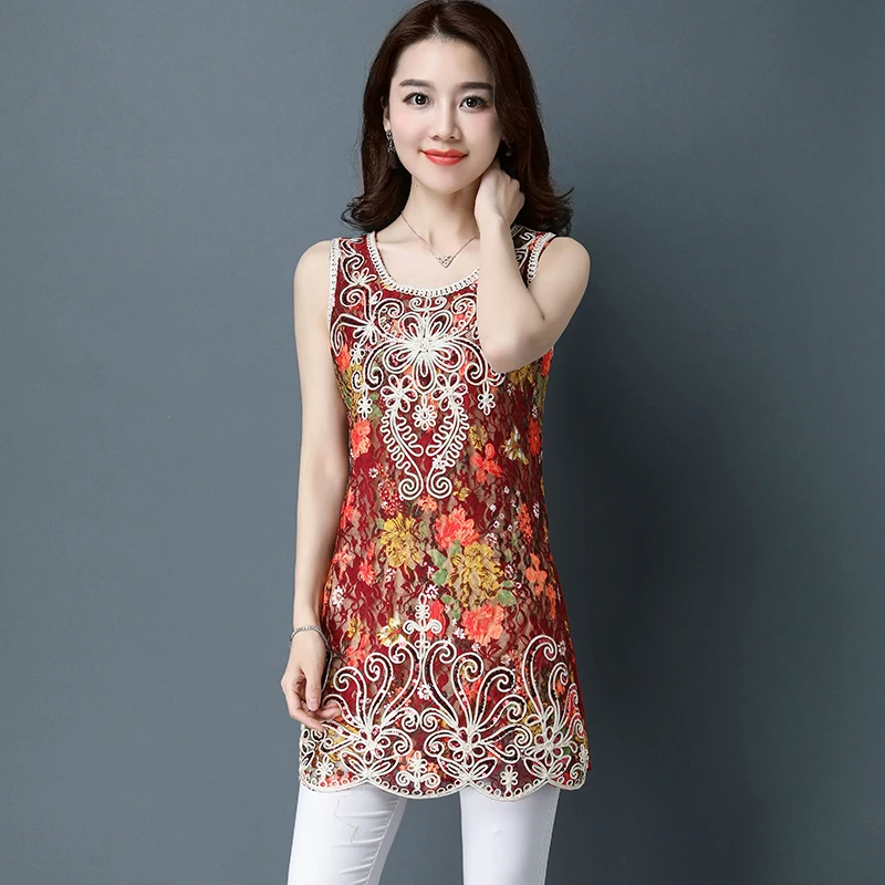 

New Brand Summer Women Lace Suspender Mid-Length Tank Tops Embroidery Sequin Loose Plus Size S-XXXL Female Chiffon Vest Dress