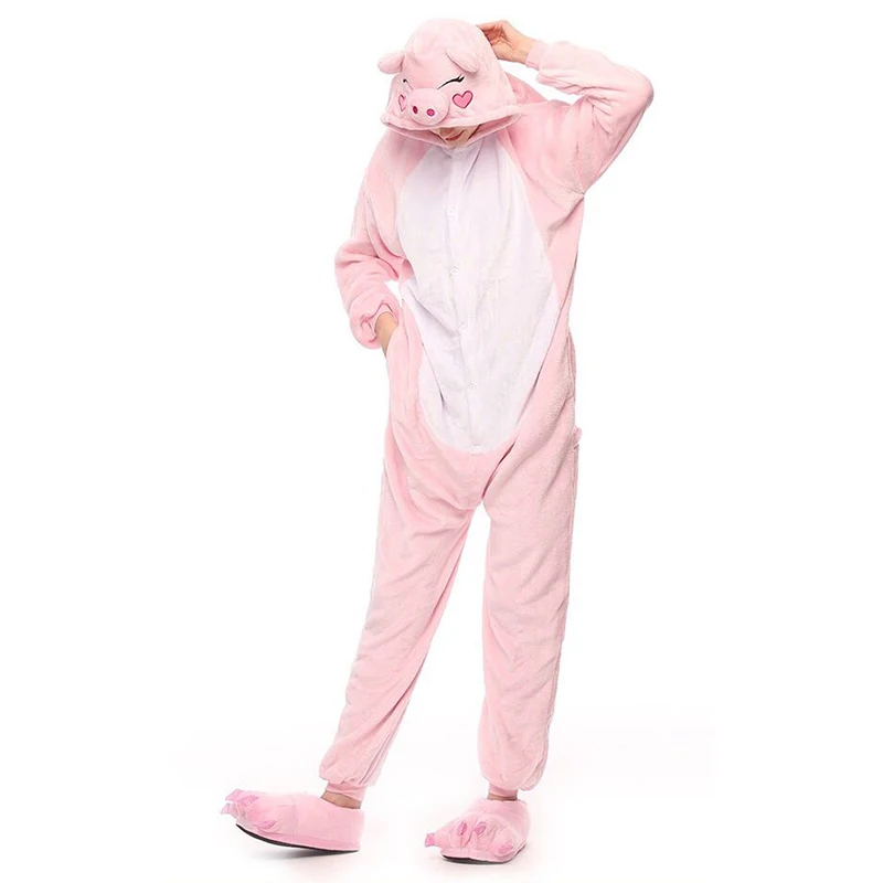 Pink pig Зимние пижамы в виде животных, одежда для сна с оленем, пижамы в виде единорога, наборы Кигуруми для женщин и мужчин, унисекс, фланелевая ночная рубашка для взрослых, Комбинезоны - Цвет: Pink pig