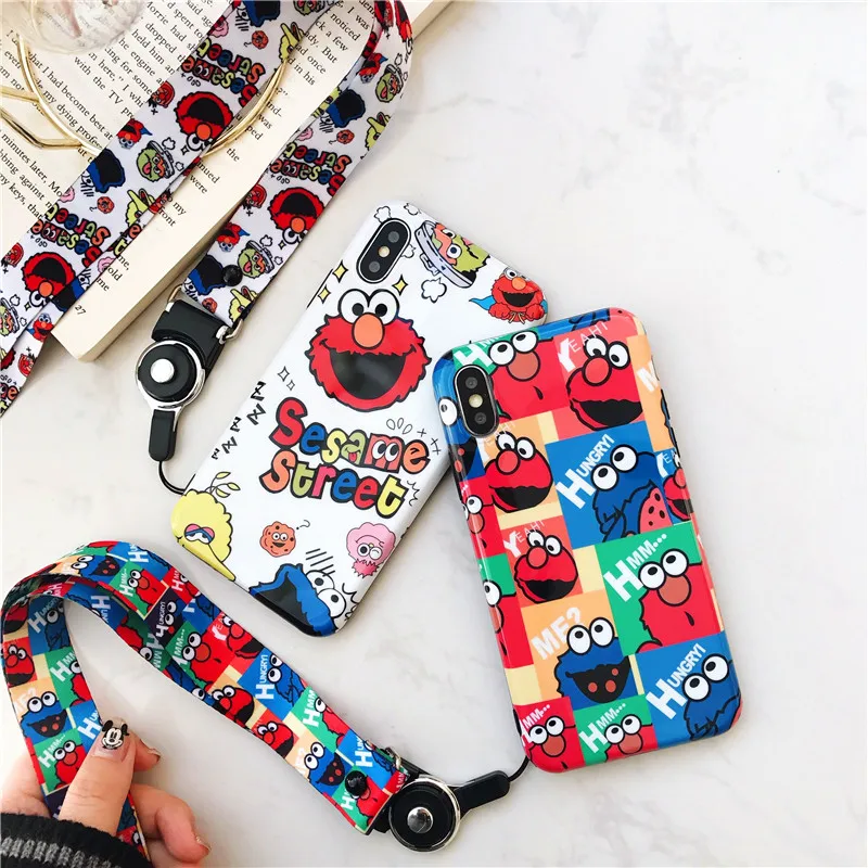 Cute Cartoon Sesame Street Cookie Elmo Phone Case For iPhone X XS Max XR 6 Puls 7 8Puls Cases Soft IMD Silicon Back Cover+rope |