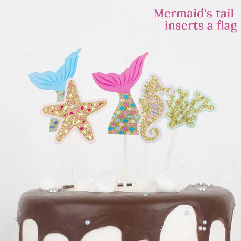 5pcs Cake Topper Одноразовые столовые приборы для девочек на день рождения, вечерние тарелки в форме русалки с воздушным шаром, баннеры для мальчиков и девочек, вечерние украшения для свадьбы - Цвет: 5pcs Cake Topper