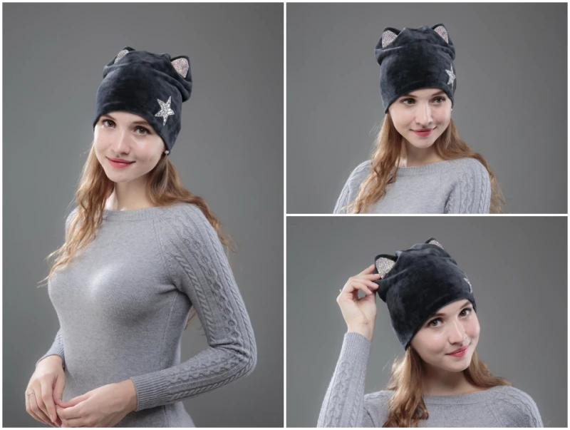 OHCOXOC дизайн женские шапочки Skullies принцесса девушка милая осенне-зимняя шапка с кошачьими ушками блестящая Звезда со стразами