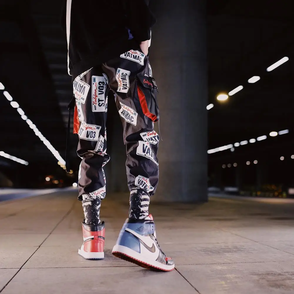 

New Brand Autumn Hip Hop Fashion Harajuku Big Pocket joggers Letters Bottom-tied Overalls Casual Polyester Elastic Waist Pants