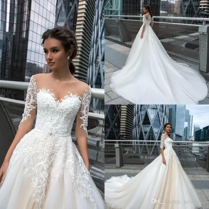 

Crystal Design 2019 Wedding Dresses With Feather A Line Backless Sheer Neck Bridal Gowns Sweep Train Sleeveless Wedding Dress
