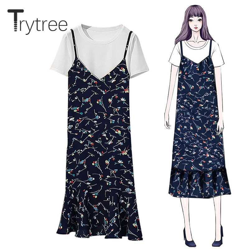 Trytree летний женский повседневный комплект из двух предметов хлопковый однотонный топ+ платье цветочный оборки подол до середины икры Слинг платье костюм комплект из 2 предметов