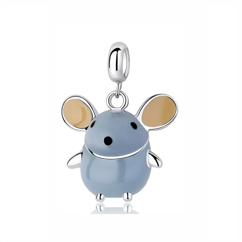 Gray blue Настоящее бусины из стерлингового серебра 925 очаровательные подвеска мышь талисманы подходят Пандора браслеты и браслеты для женщин DIY подарок ювелирные изделия - Цвет: Gray blue