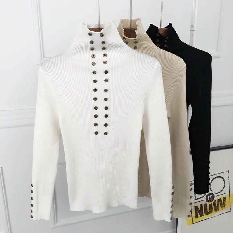Button Turtleneck Winter Sweater Women 2019 Knitted Pullover Female Jumper Tricot Women's Tops Pull Femme White Black | Женская