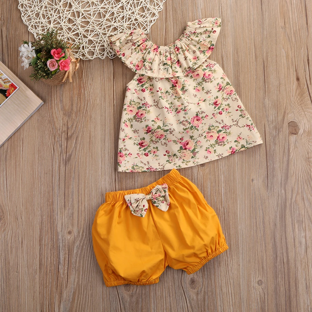Outfits Toddler Kids Clothing Set Summer Newborn Baby Girl Clothes Floral Tank Top +bow-knot Shorts DR07  - buy with discount