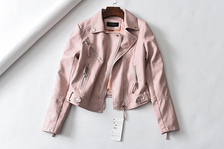 

2020 Spring new Lapel zipper locomotive leather jacket female slim washable PU skin jacket