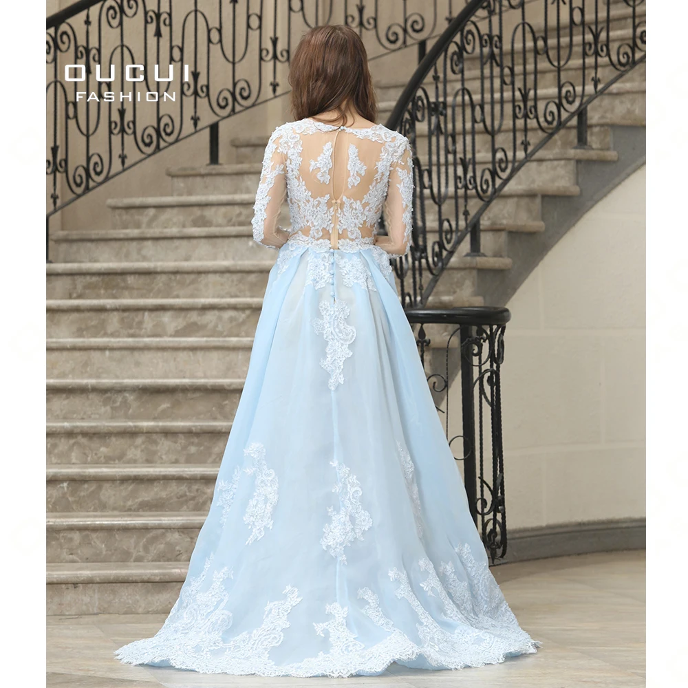 Women Plus Size V-Neck Lace Flowers Full Sleeves Long Evening Dress A-Line Party Dresses Gown Occasion Robe De Soiree OL103113