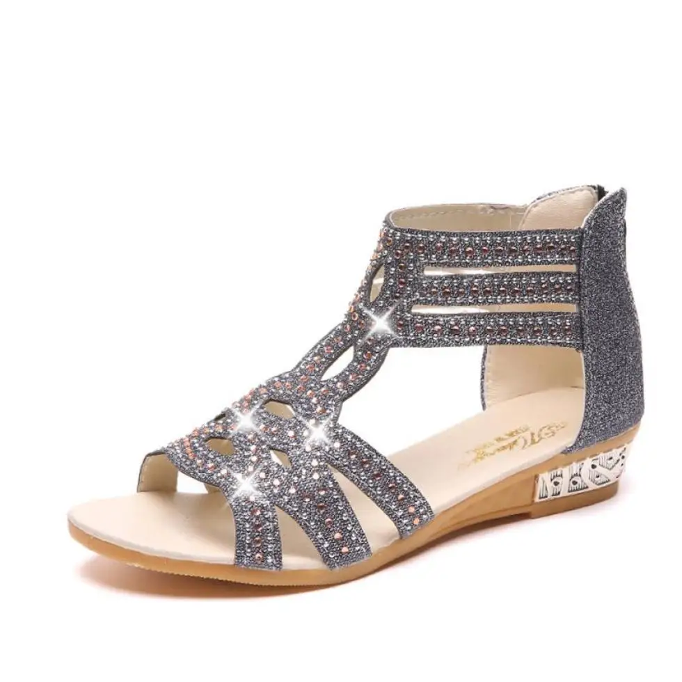 Женские босоножки; Летняя женская обувь; zapatos mujer; женские босоножки на танкетке; модные открытые Босоножки с открытым носком; Roma sandalia feminina; со стразами - Цвет: Черный