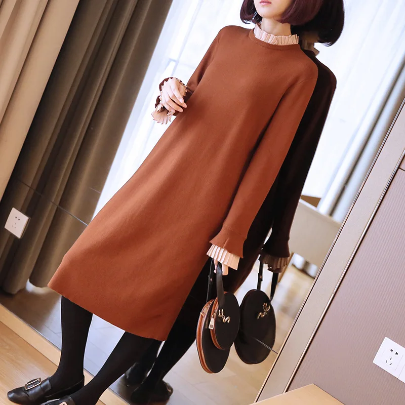 

Temperament long lotus leaf sleeve knit dress 2019 spring new women's loose bottoming sweater