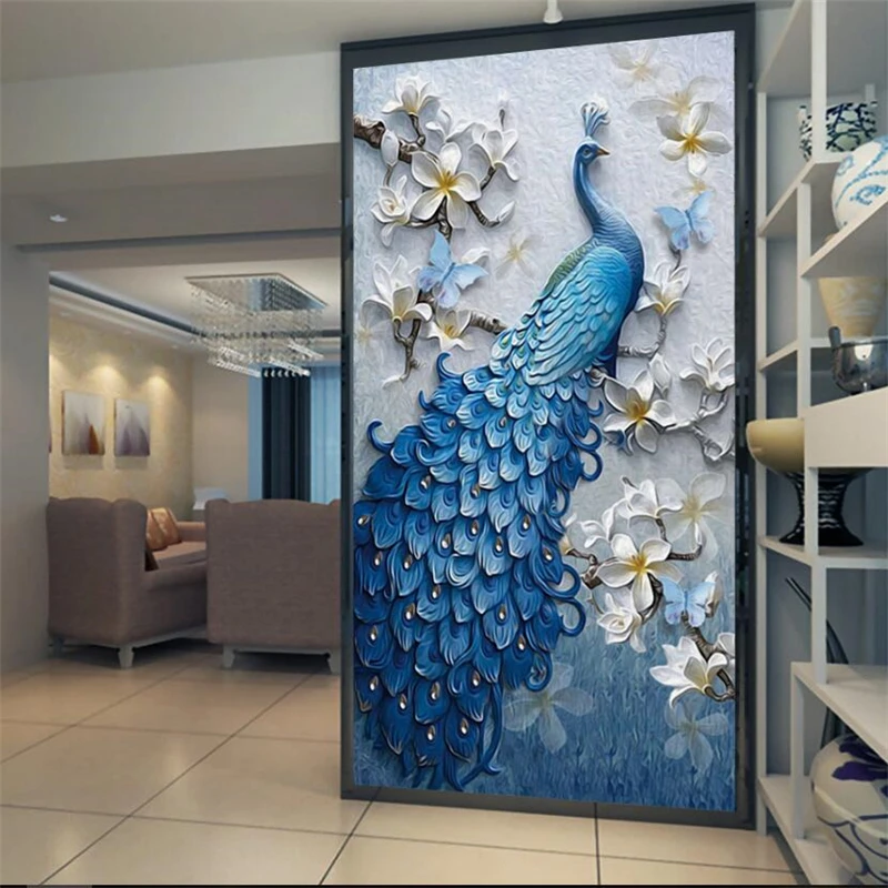 

wellyu Modern fresh three-dimensional relief painting Peacock porch background custom large mural green wallpaper