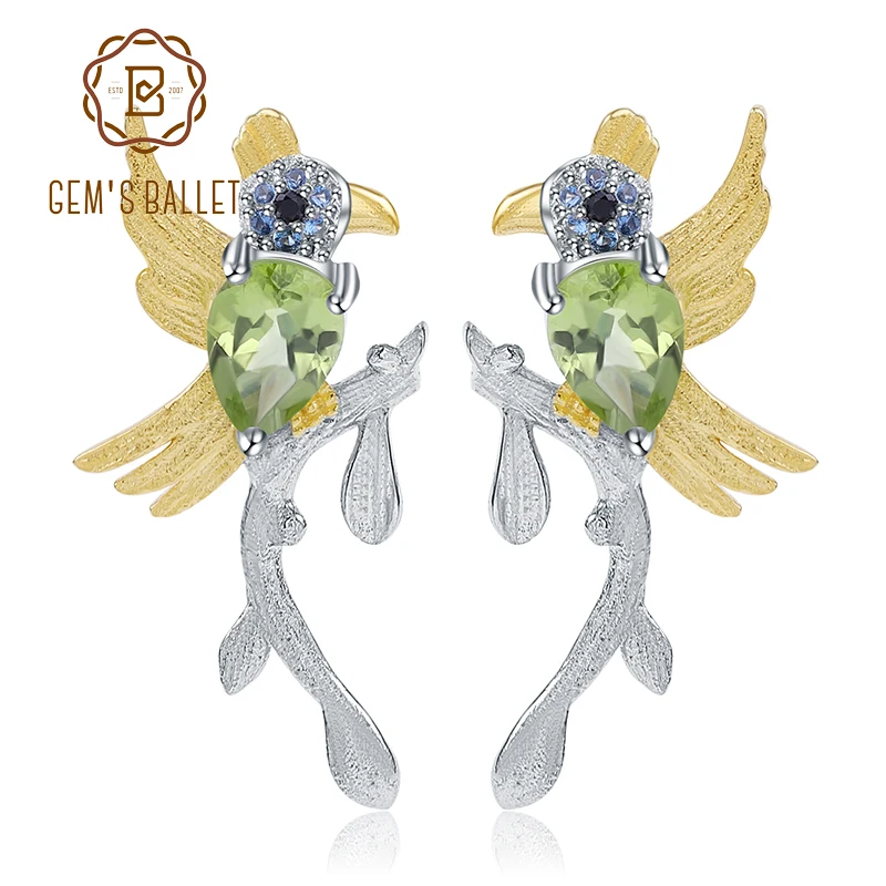 GEM'S BALLET, 0.78Ct, натуральный Перидот, Серьги с драгоценными камнями, 925 пробы, серебро, ручная работа, милые серьги-гвоздики в виде птицы для женщин, для свадьбы