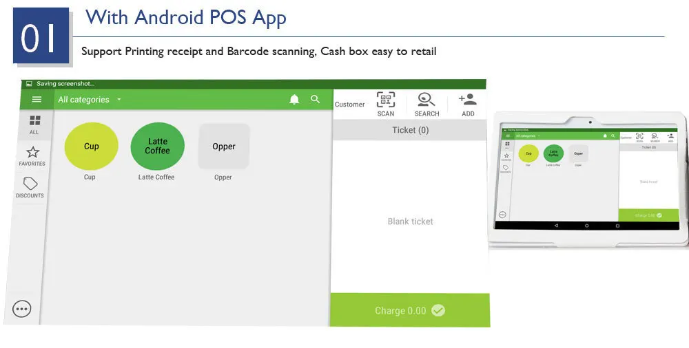 POS системы для магазина продает с денежным ящиком и 10 дюймов android ПК и 2inchThermal принтер и 1D Bluetooth сканер штрих-кода
