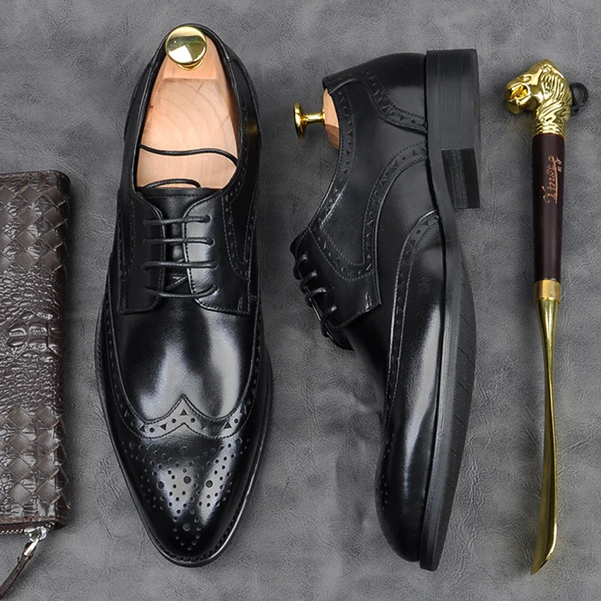 

Vintage Design Genuine Leather Formal Dress Wingtip Brogues Shoes Pointed Toe Derby Men's Retro Office Oxfords For Male AM100