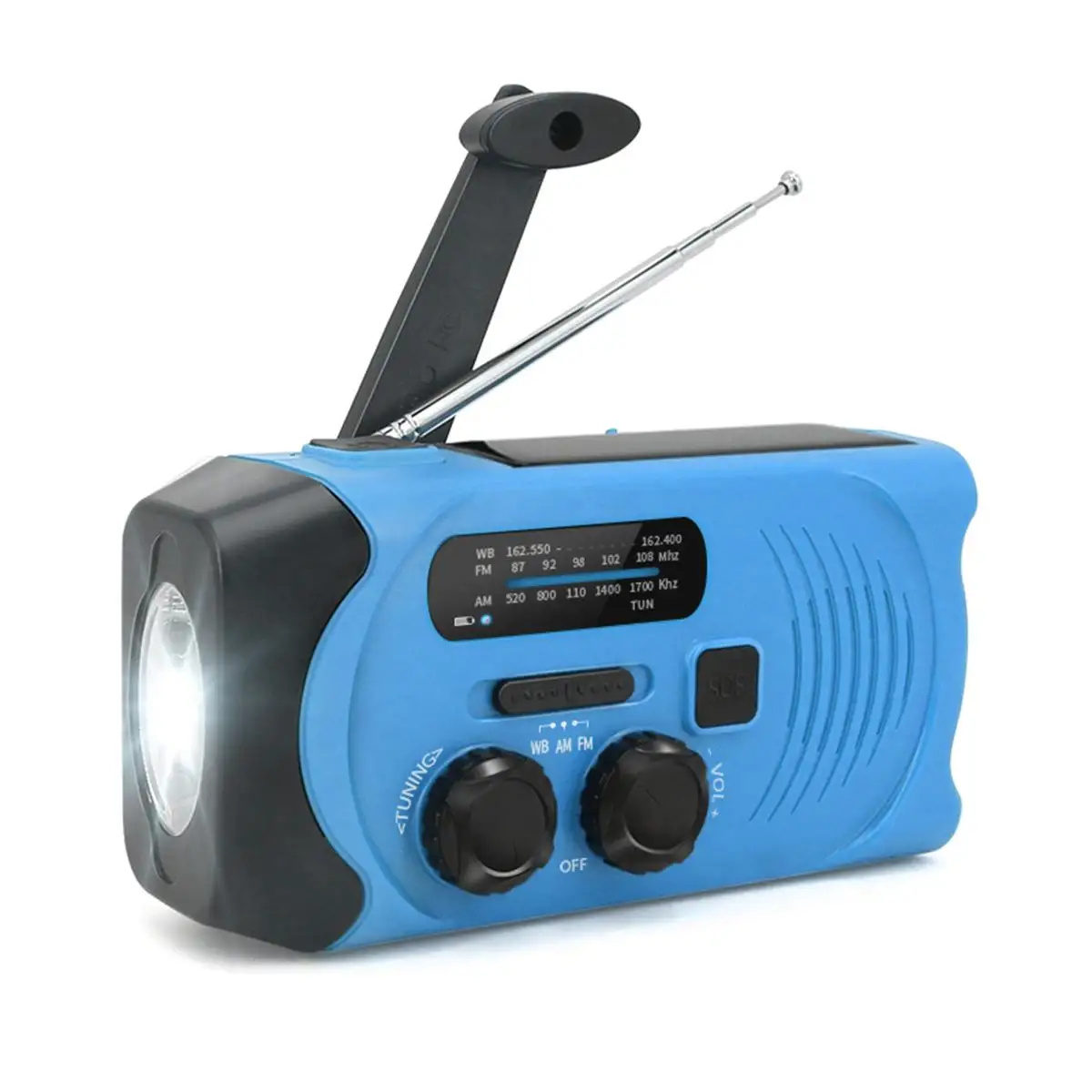 Blue Global Weather Radio Receiver AM WB FM Radio Flashlight Hand Crank Solar Solar Panel Rechargeable 2000mAh Power Bank - Цвет: Blue
