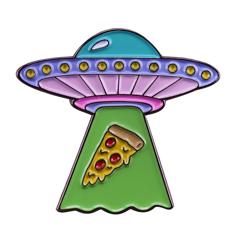 UFO abducting pizza brooch alien space pin bright pastel foodie badge funny astronomy geek collection