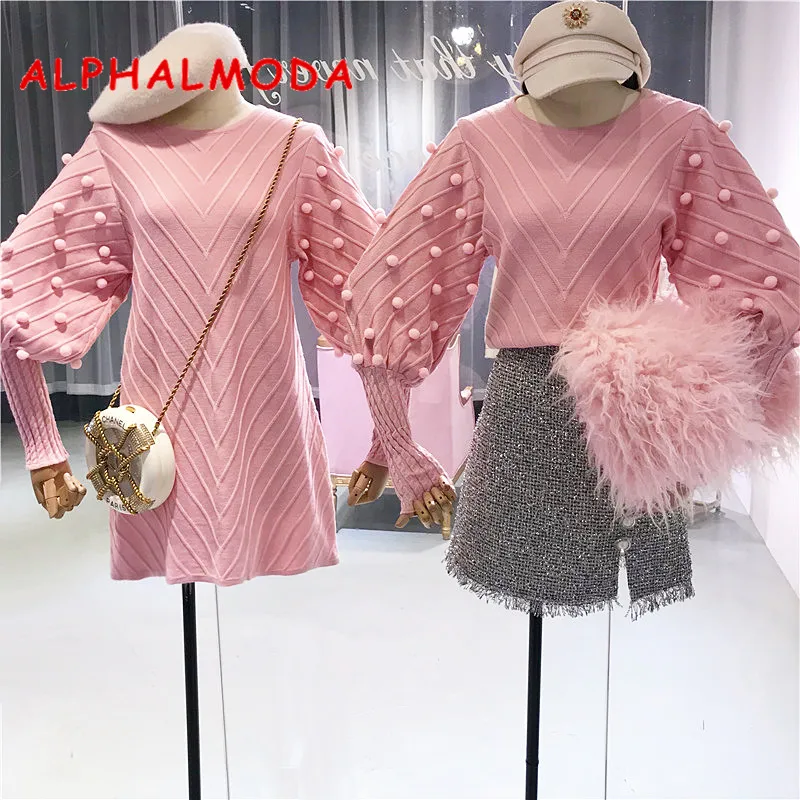 ALPHALMODA 2018 зима новое стереоскопическое шерстяное платье с рукавами фонариками