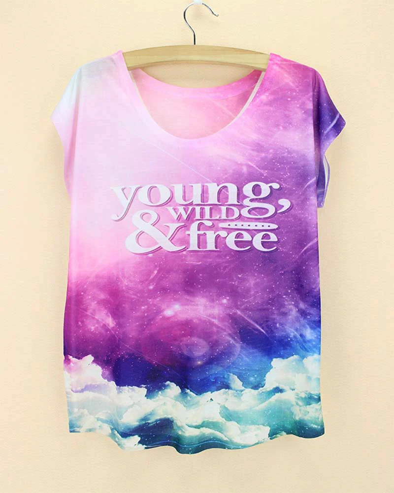 Young wild free galaxy Топы с принтом туманности женские фиолетовые красивые модные poleras de