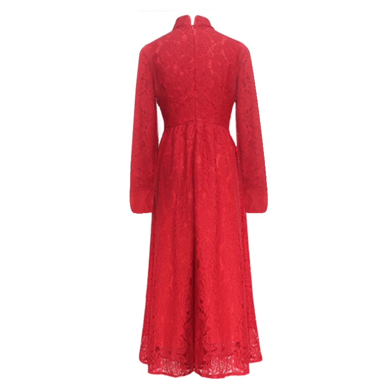 TAOYIZHUAI 2019 New Arrival Winter Women Red Dress Plus Size L Hollow Out Fit And Flare Thicken Lace Long 14152(R) | Женская одежда