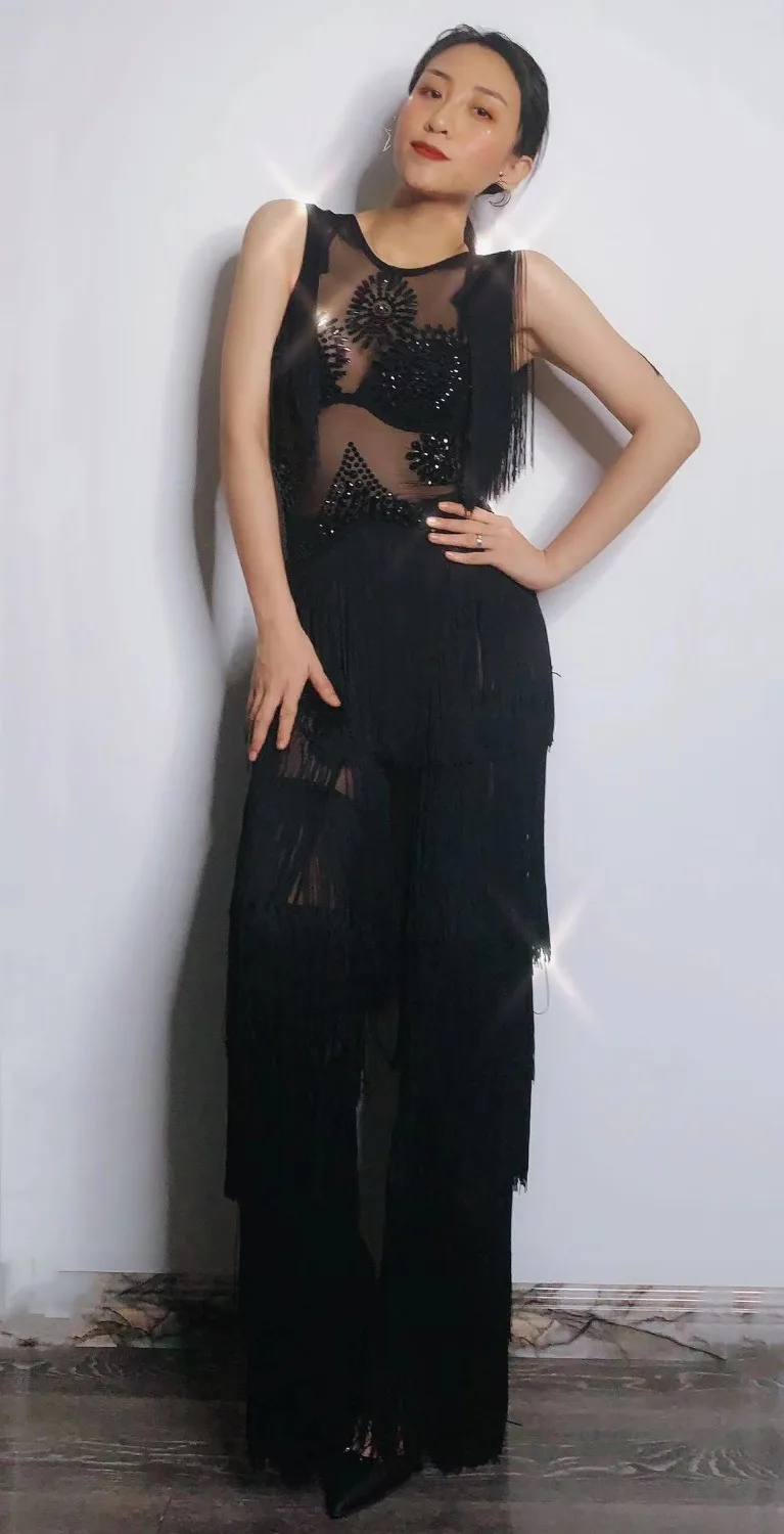 Комбинезон женский с бахромой сетчатый прозрачный боди со стразами модные