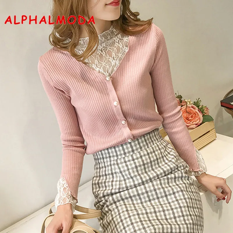 ALPHALMODA Sexy Lace Patchwork Sweater Single Breasted Slim Women Sweet Jumper V-neck Graceful Fall Winter Knitted Top | Женская одежда