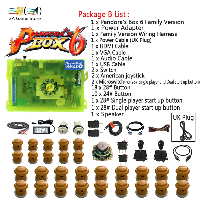 Package B UK plug Usb аркадный джойстик кнопки динамик diy части машины комплект Pandora box 6 1300 в 1 игровой контроллер консольная видеоигра шкаф - Цвет: Package B UK plug