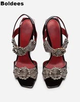 top quality royal court designer vintage crystal jewel designer belt buckle snakeskin pattern block high heel women sandals