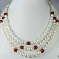 fashion 3 row white 7 8mm freshwater natural round pearl red chalcedony trendy beads necklace jewelry making 17 19 inch bv367