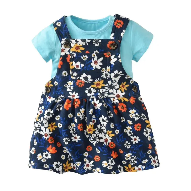 

2018 new baby girls dress 2pcs sets colorful flower strap dress + short sleeve bodysuits newborn pink toddler kid clothes 9m-3t