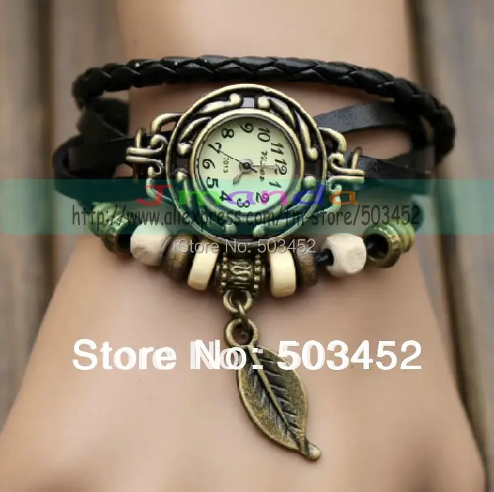 Акция! Часы с подвеской в виде листа винтажные часы из натуральной кожи Ретро