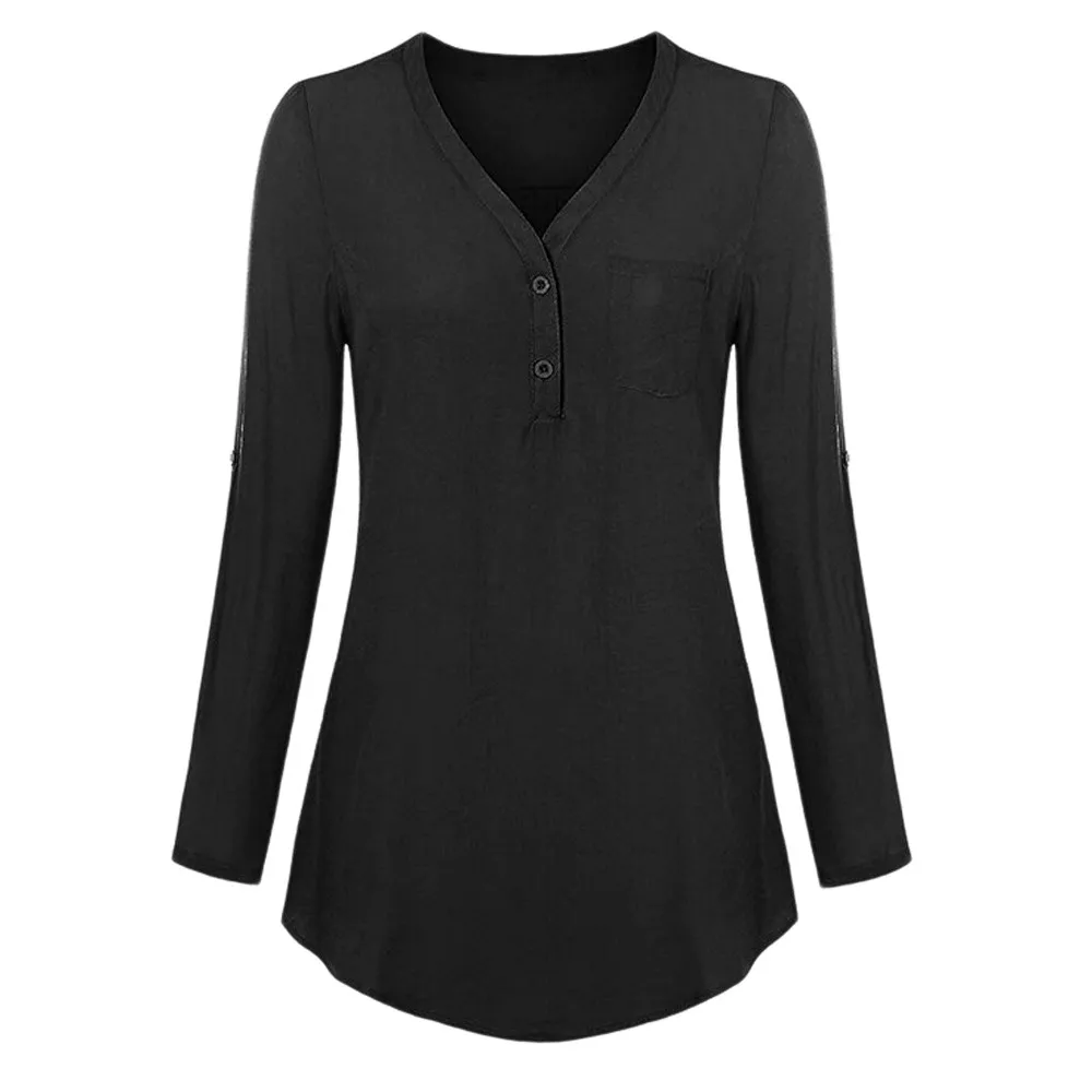 

Fashion Split Neck Shirts Long Roll-up Sleeve Casual Blouses For Women Summer Pocket Botton Blusas Mujer Korean Fashion