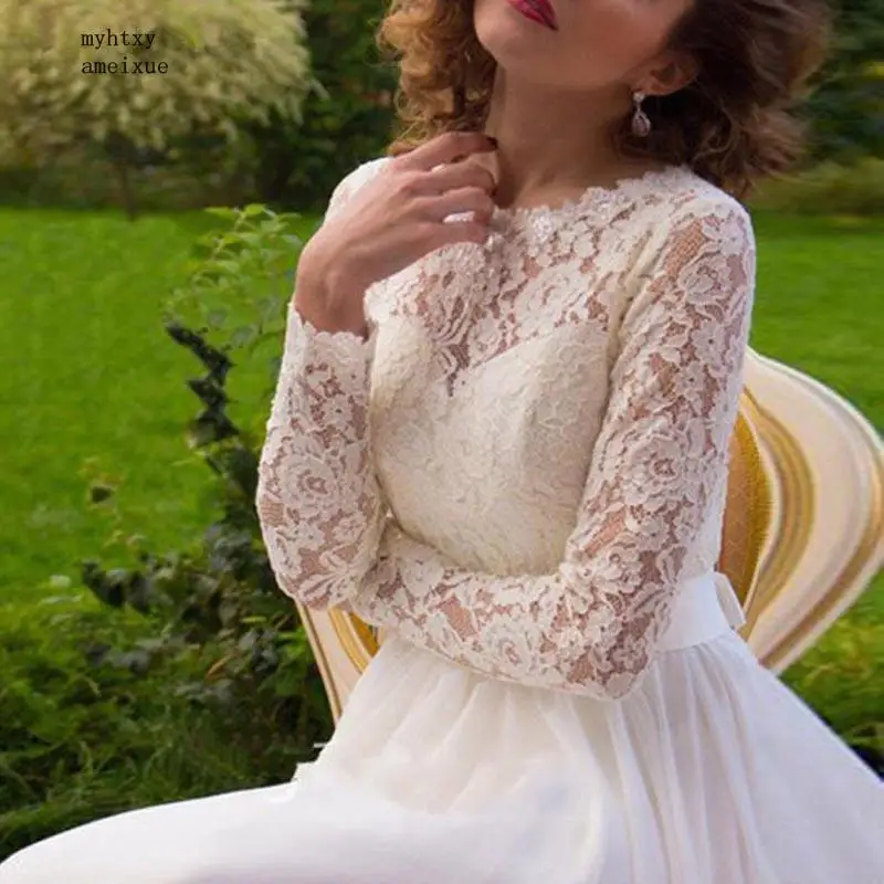 

Sexy Long Sleeves Beach Wedding Dress 2020 Boho Scoop Lace Pearls Button Sashes Bow Weddding Gown Bridal Gown Vestidos De Noivas
