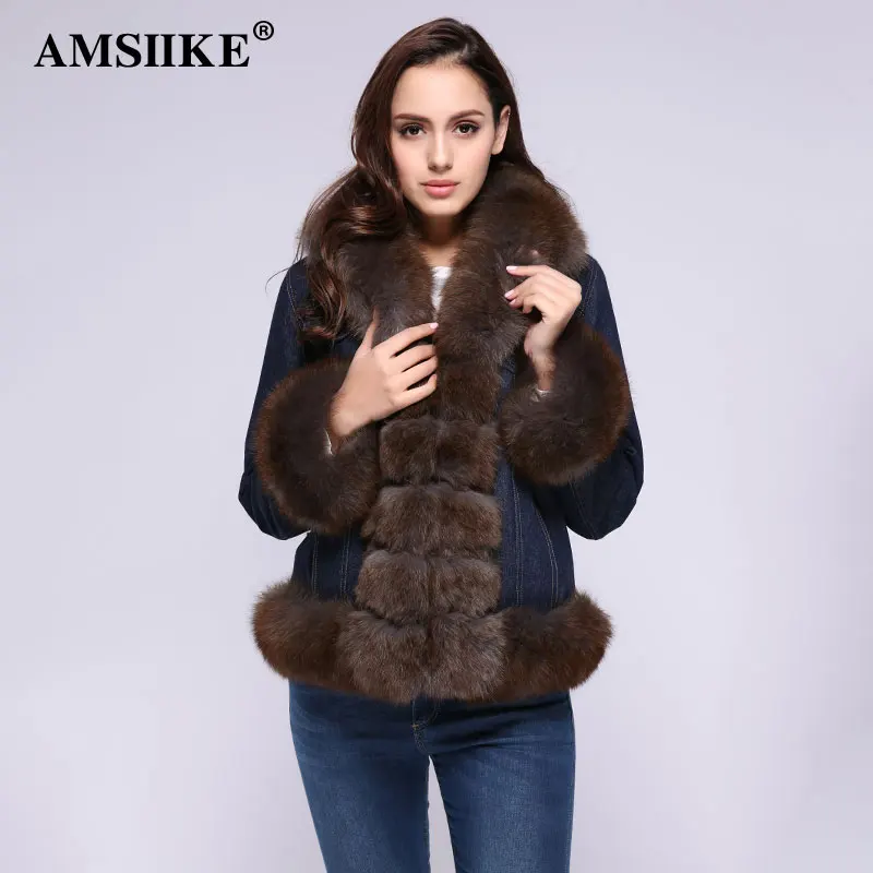 AMSIIEK Шикарная Джинсовая Куртка С Мехом Лисы Воротник Отстегивается 2018-1 | Женская