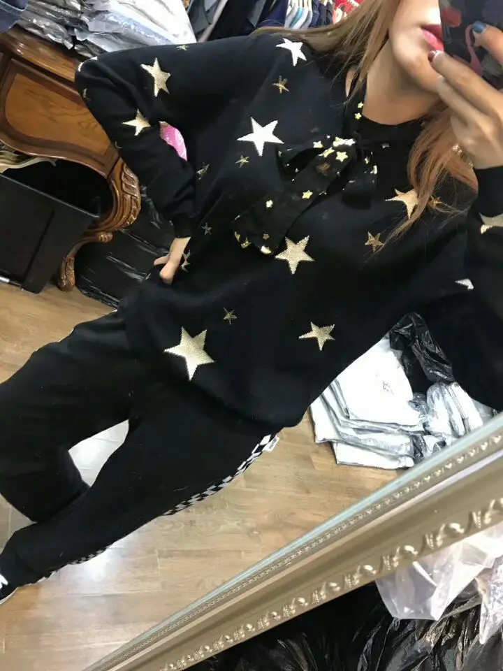 2019 fashion brand cashemere wool stars pattern printed sweater short style knit blouse long sleeve tops wj1839 | Женская одежда