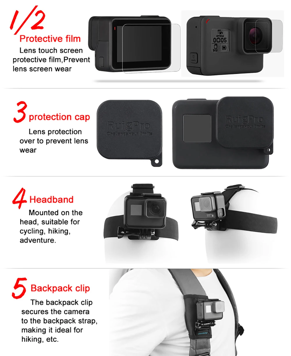 Ruigpro для спортивной камеры gopro, набор для начинающих, для дайвинга, верховой езды, альпинизма, автоспуска, аксессуары для съемки