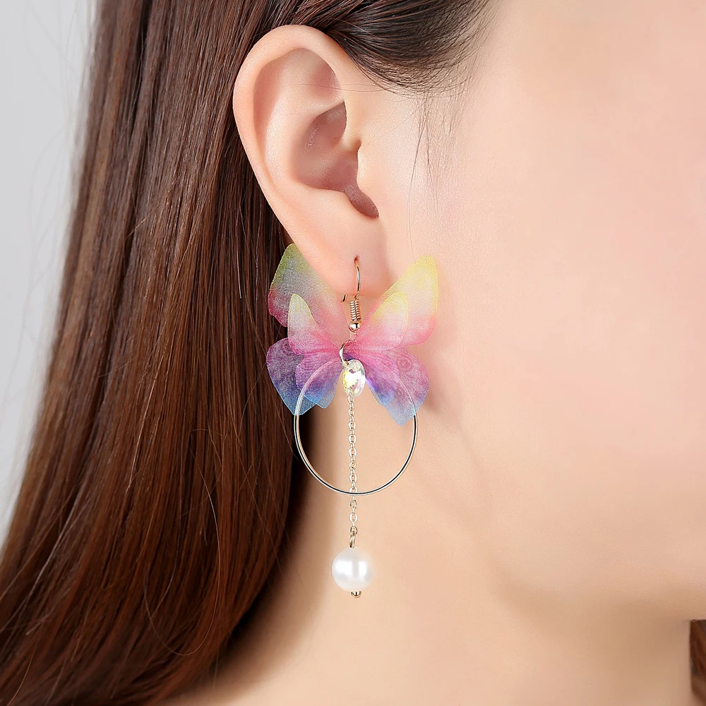 Корейская Ретро Асимметричная бабочка имитация жемчуга Серьги Мода Круглый