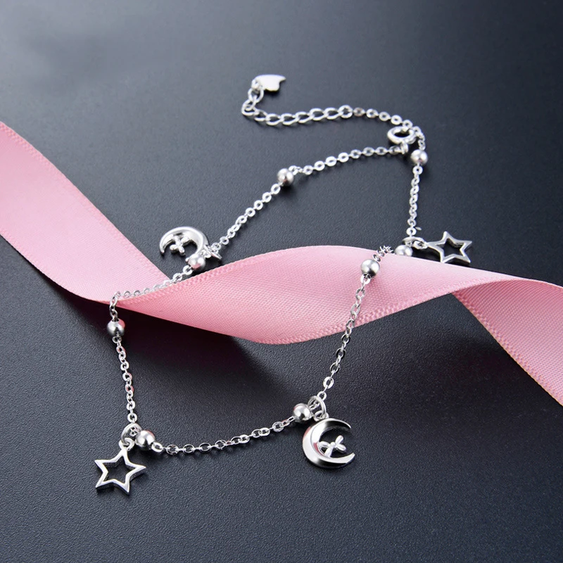 Женский анклет из серебра 2019 пробы амулетный браслет на ногу со звездой и луной