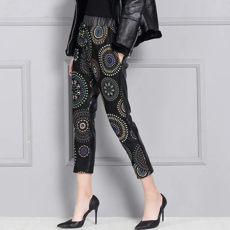 Женские шаровары из натуральной кожи с высокой талией модные брюки карандаш