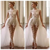 2021 lace jumpsuit wedding dresses with detachable train sheer cap sleeve illusion bodice overskirt bridal gowns custom