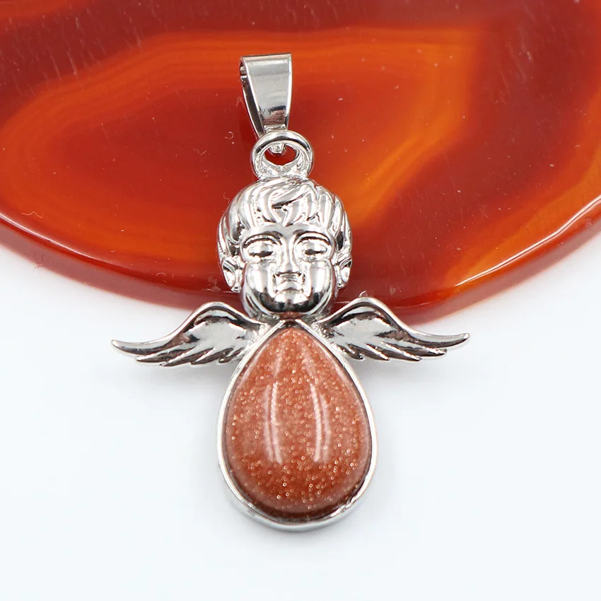 Gold Sand Stone Xinshangmie 1 шт. натуральный камень Крылья ангела кулон посеребренный патрон Святого мальчика Кристалл кварц Подвеска капля для ожерелья - Окраска металла: Gold Sand Stone