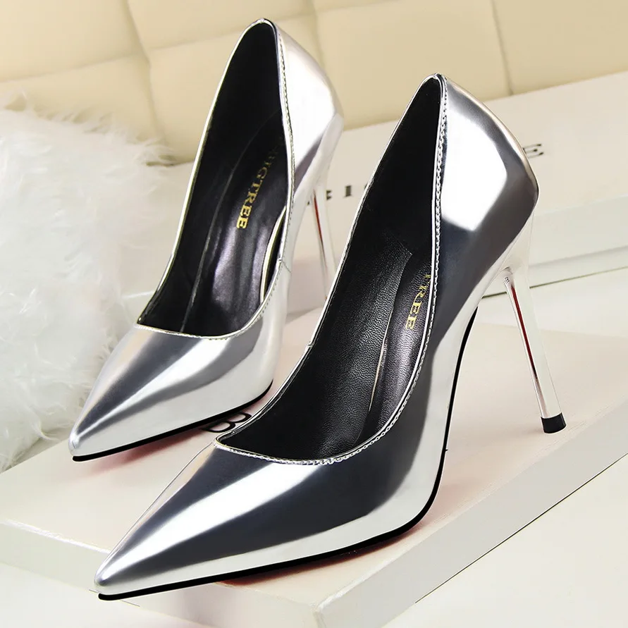

2019 Spring/Autumn Women fashion Pumps Sexy Glossy High Heels Shoes Pointed Toe Shallow Party Nightclub Wedding 10cm B11-76