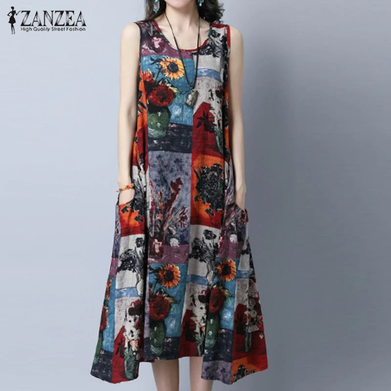 Женское платье без рукавов ZANZEA Повседневное трапеция с винтажным принтом и
