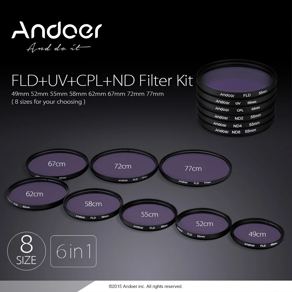 Набор фильтров для фотографии Andoer 49/52/55/58/62/67/72/77 мм UV + CPL FLD ND(ND2 ND4 ND8) набор Nikon Canon Sony