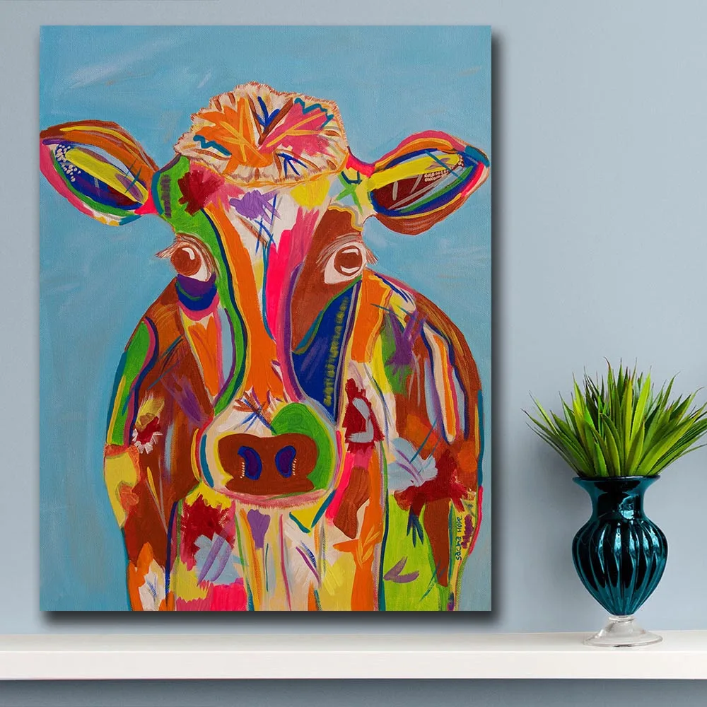 

Wall Art Colorful Cow Pop Art Animal Oil Painting For Living Room Home Decor Oil Painting on Canvas Wall Painting Unframed
