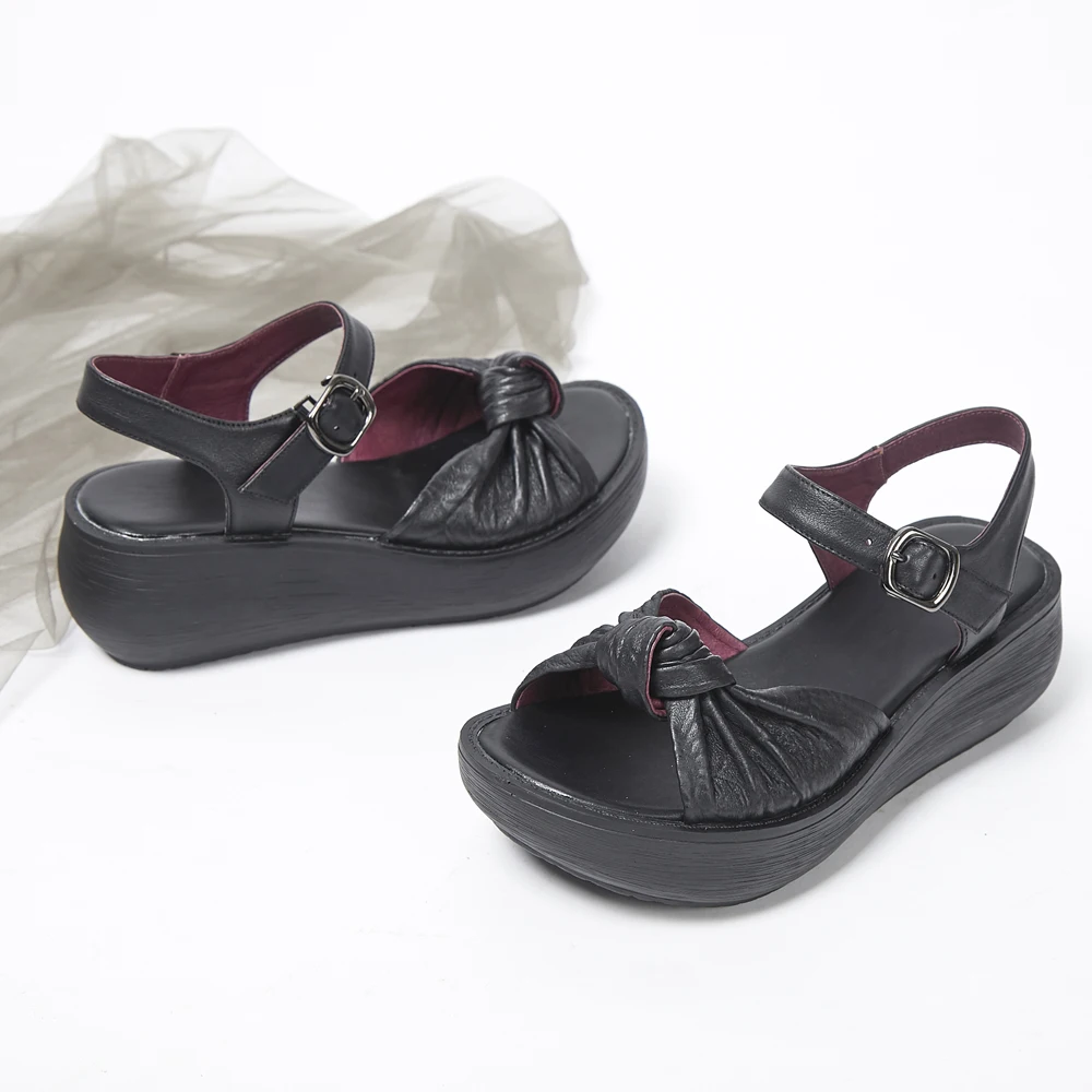 2019 summer new retro women's shoes leather handmade flower sandals with thick sole buckle fish mouth middle-aged | Обувь