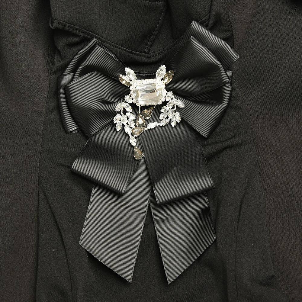 

Tassel Ruffled Sleeves Cocktail Party Dress Black White Mini Dress Bow Tie Rhinestone Decoration