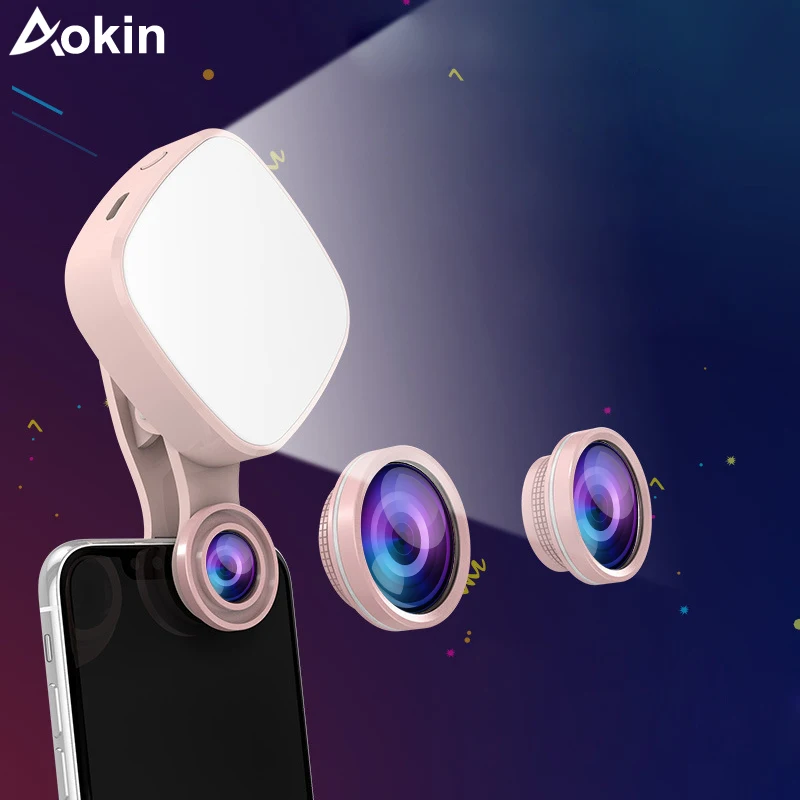 Кольцевой свет Aokin для селфи с HD 3 в 1 макро объектив рыбий глаз широким углом
