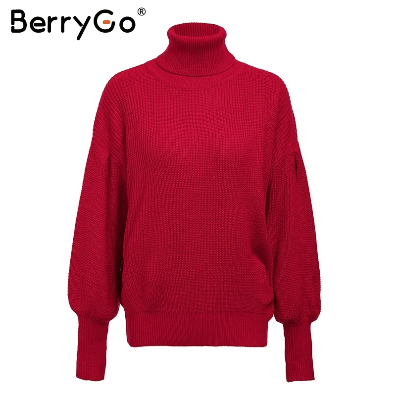 BerryGo красный вязаный свитер с высоким воротом для женщин винтажный